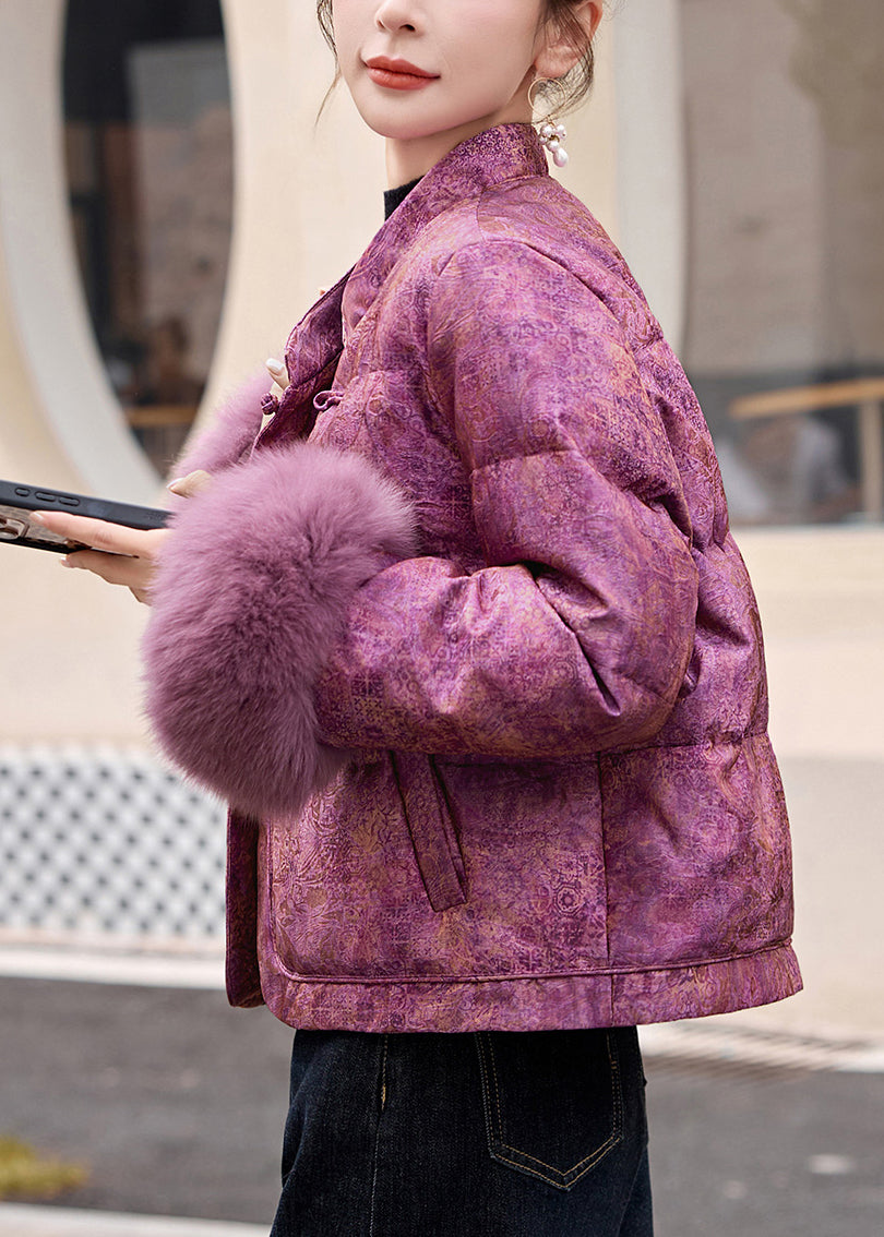 Beautiful Purple Jacquard Patchwork Fox Fur Duck Down Jackets Winter