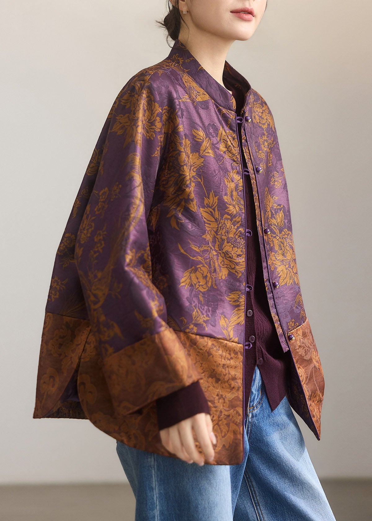 Beautiful Purple Mandarin Collar Jacquard Silk Coats Fall
