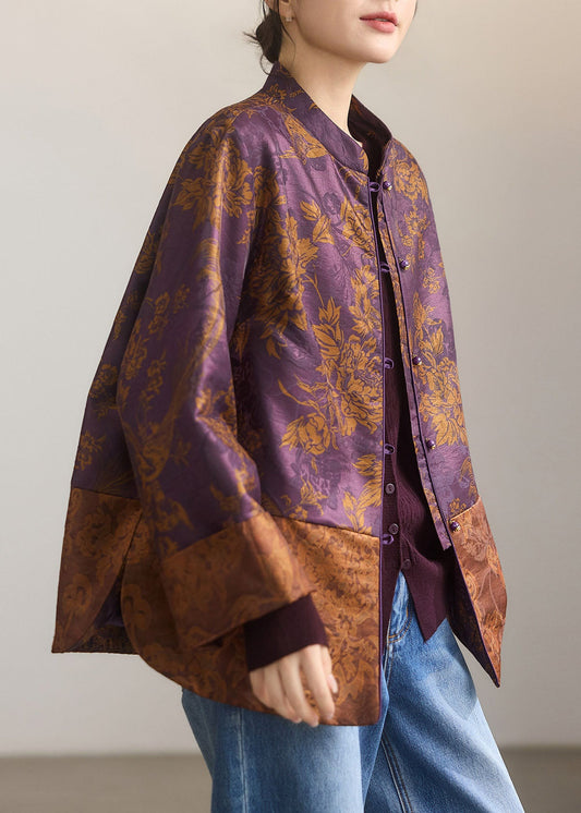 Beautiful Purple Mandarin Collar Jacquard Silk Coats Fall