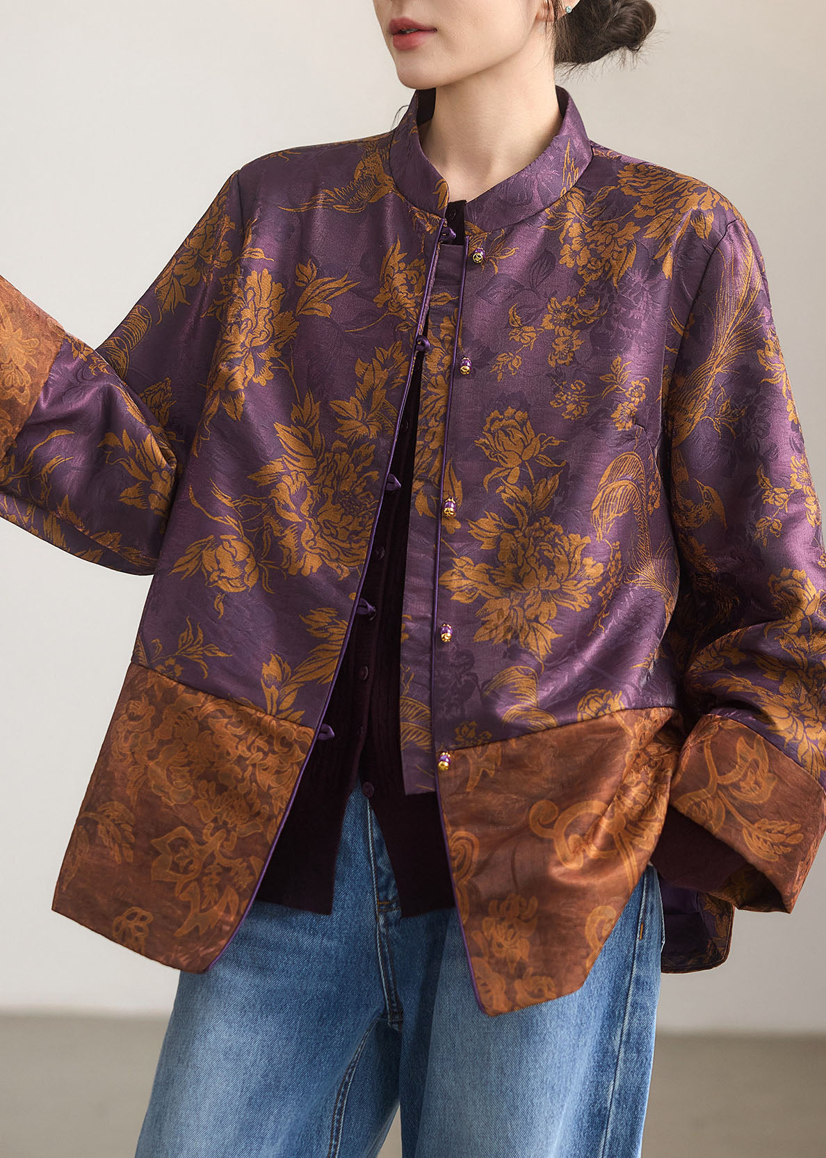 Beautiful Purple Mandarin Collar Jacquard Silk Coats Fall