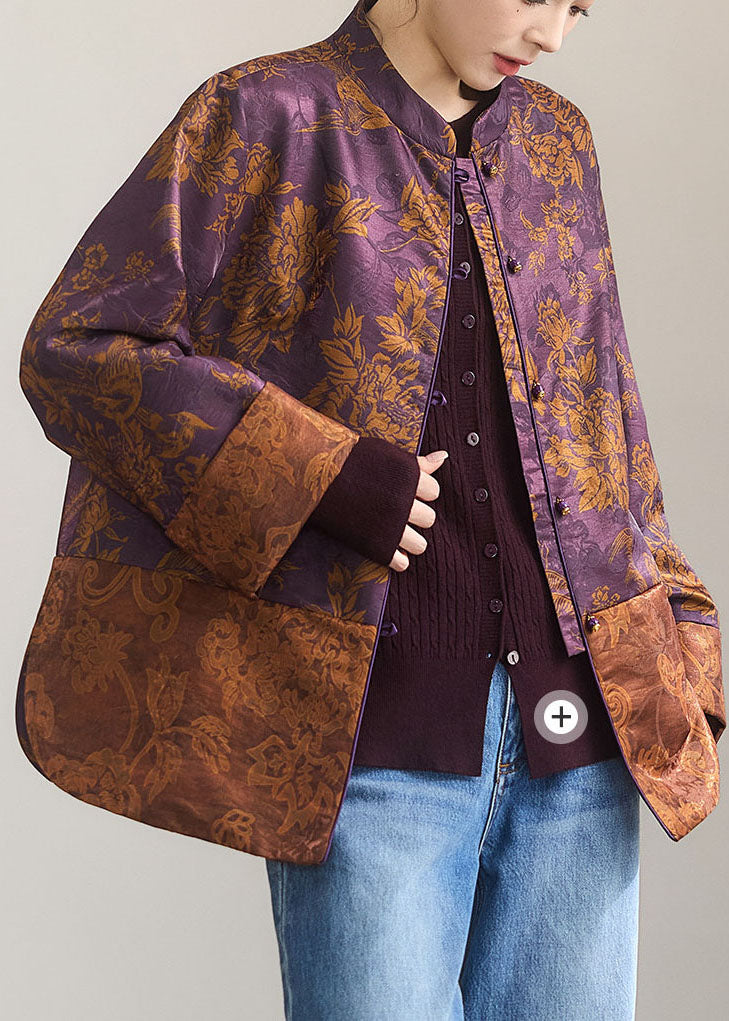 Beautiful Purple Mandarin Collar Jacquard Silk Coats Fall