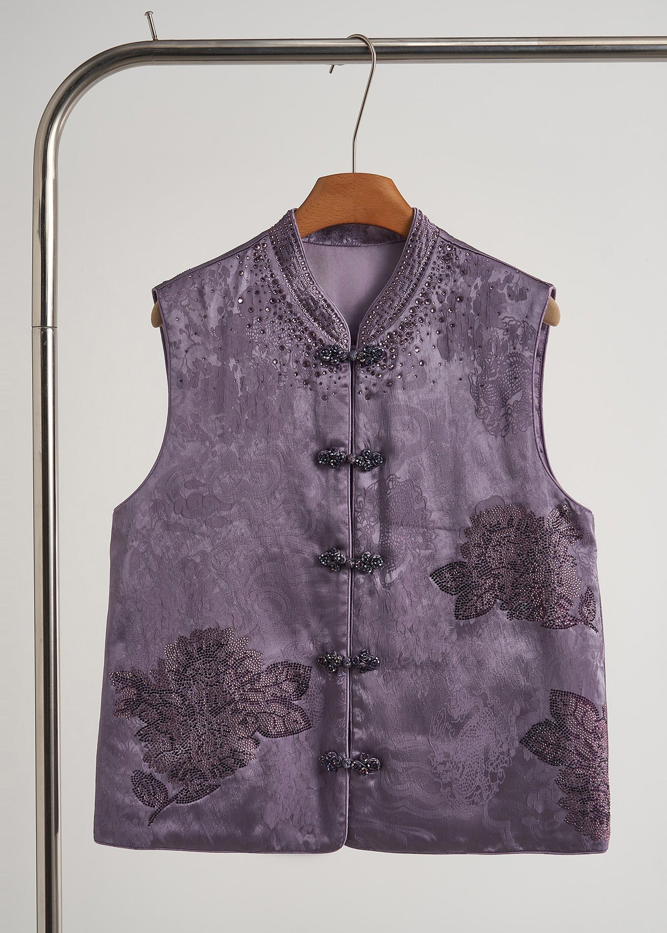 Beautiful Purple Mandarin Collar Rhinestone Silk Velvet Vests Fall