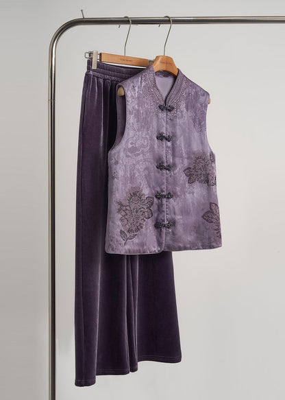 Beautiful Purple Mandarin Collar Rhinestone Silk Velvet Vests Fall