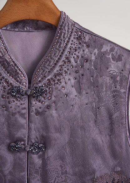 Beautiful Purple Mandarin Collar Rhinestone Silk Velvet Vests Fall