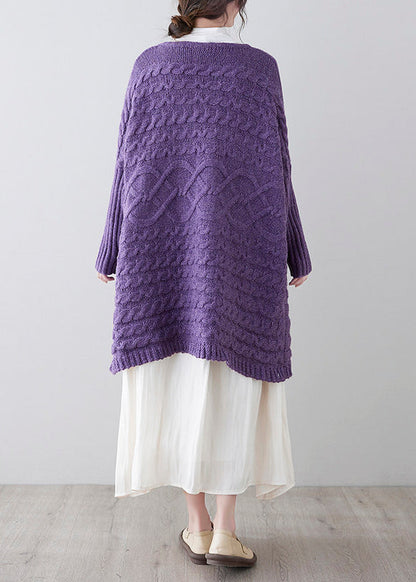 Beautiful Purple O Neck Pockets Patchwork Knit Sweater Coat Fall