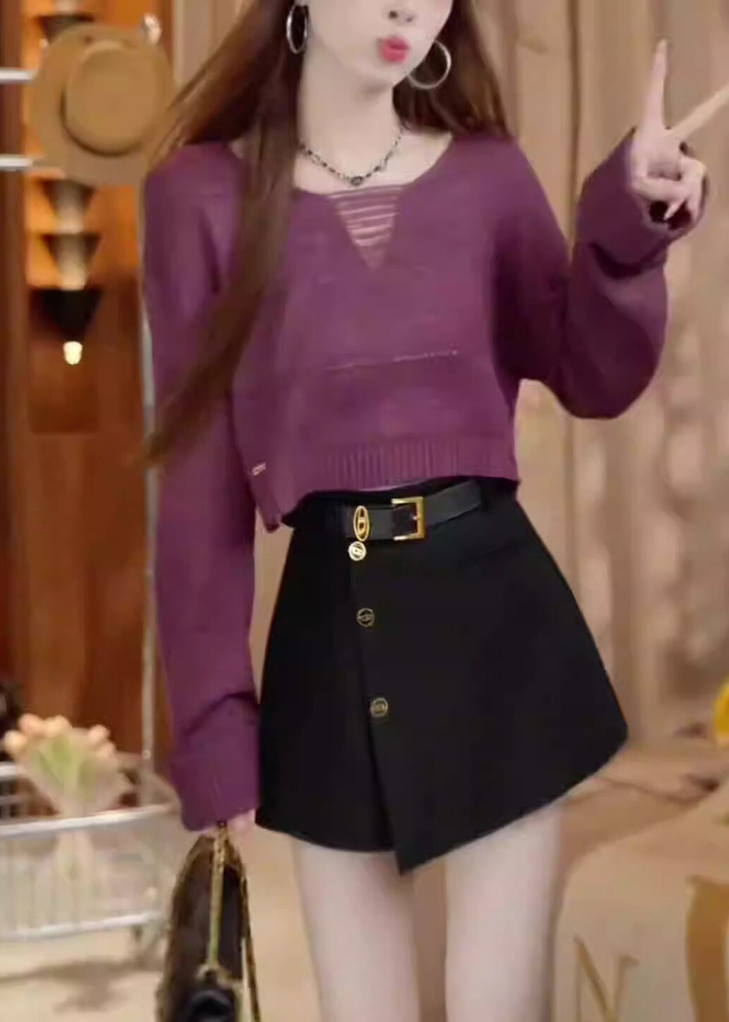 Beautiful Purple O Neck Short Knit Pullover Long Sleeve