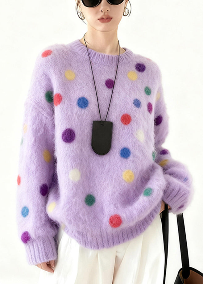 Beautiful Purple Oversized Multicolour Dots Knit Sweater Tops Winter