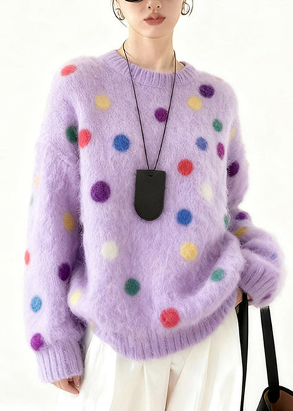Beautiful Purple Oversized Multicolour Dots Knit Sweater Tops Winter