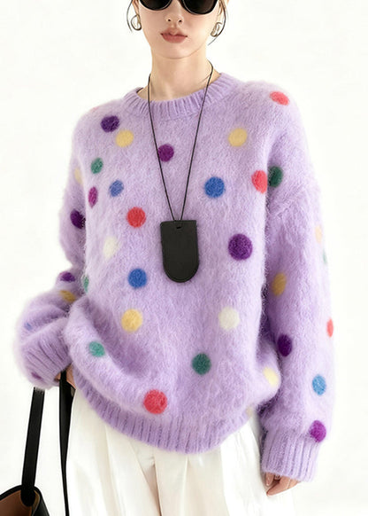 Beautiful Purple Oversized Multicolour Dots Knit Sweater Tops Winter