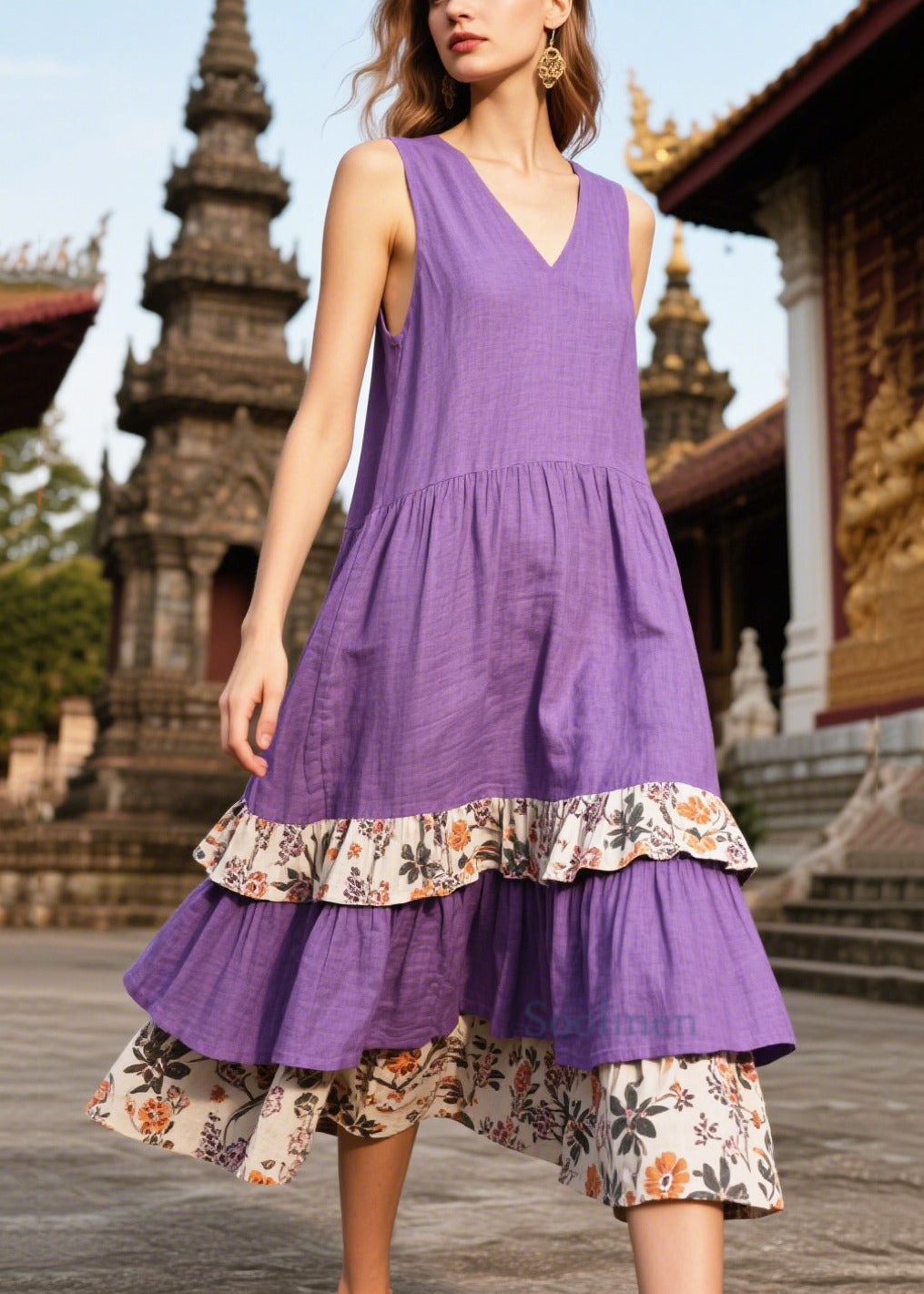 Beautiful Purple Oversized Patchwork Linen Sundresses Summer