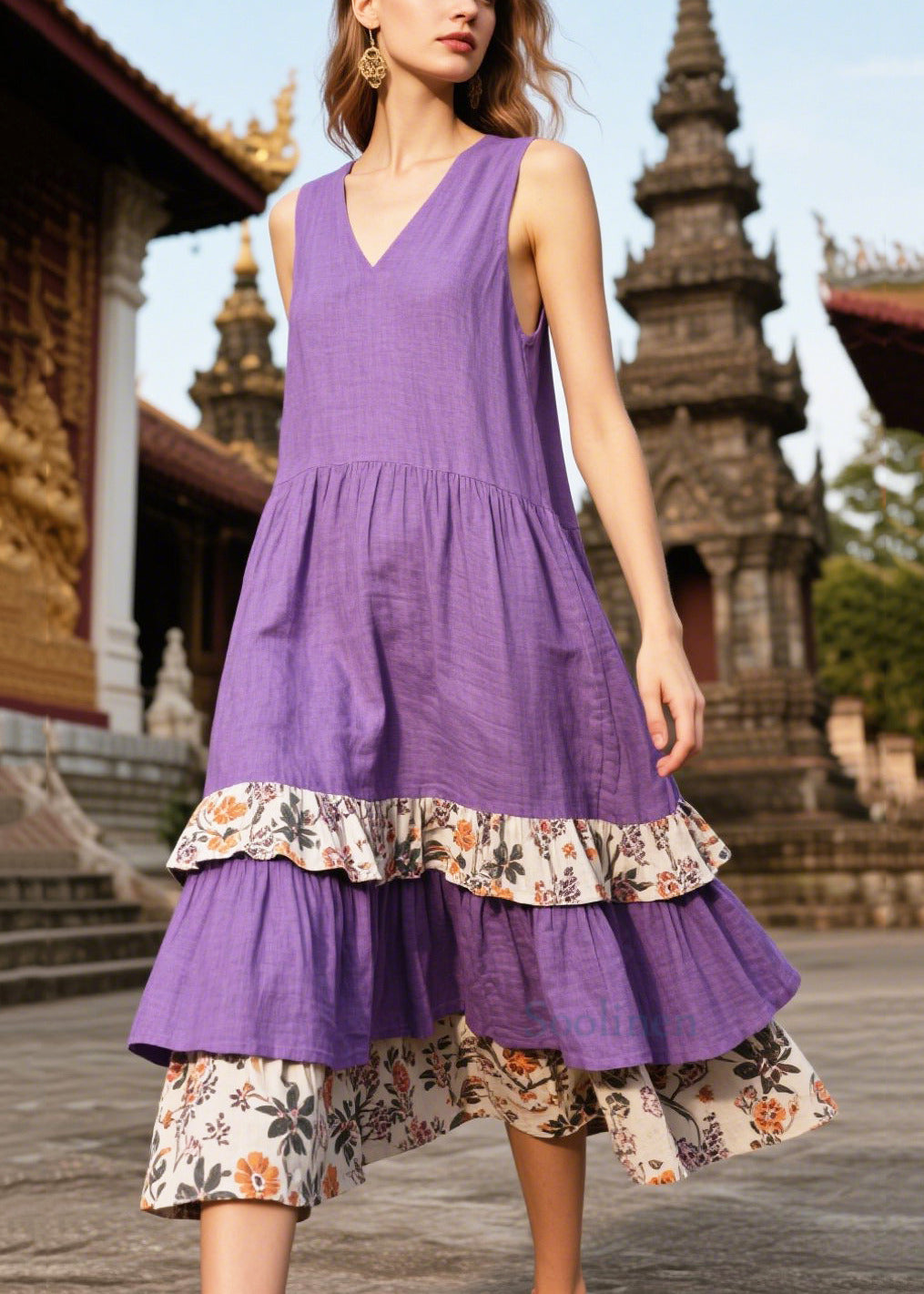 Beautiful Purple Oversized Patchwork Linen Sundresses Summer