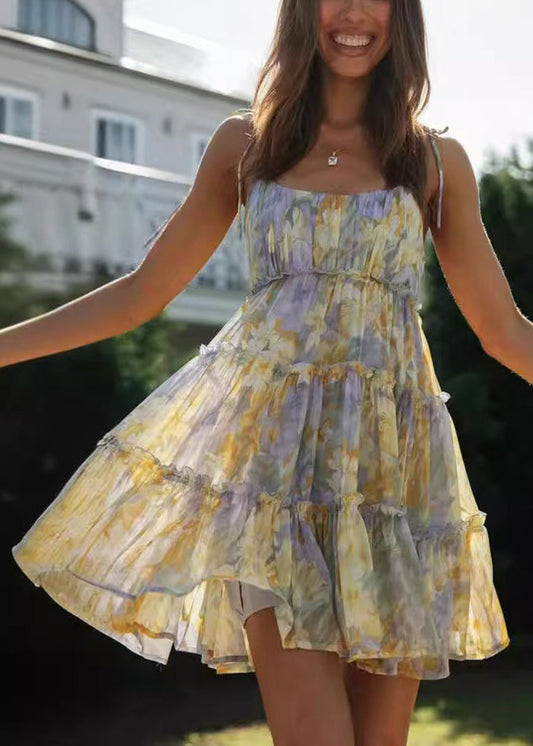 Beautiful Purple Print Chiffon Tea Dress Summer