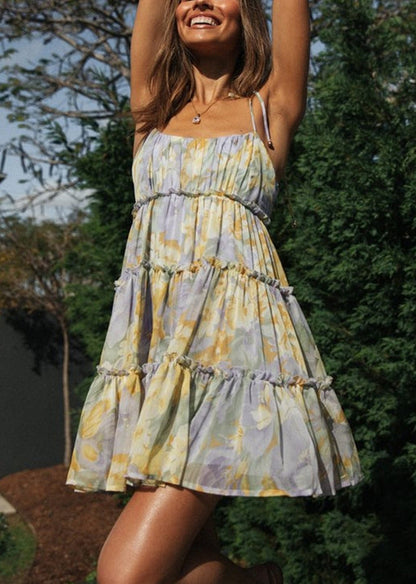 Beautiful Purple Print Chiffon Tea Dress Summer