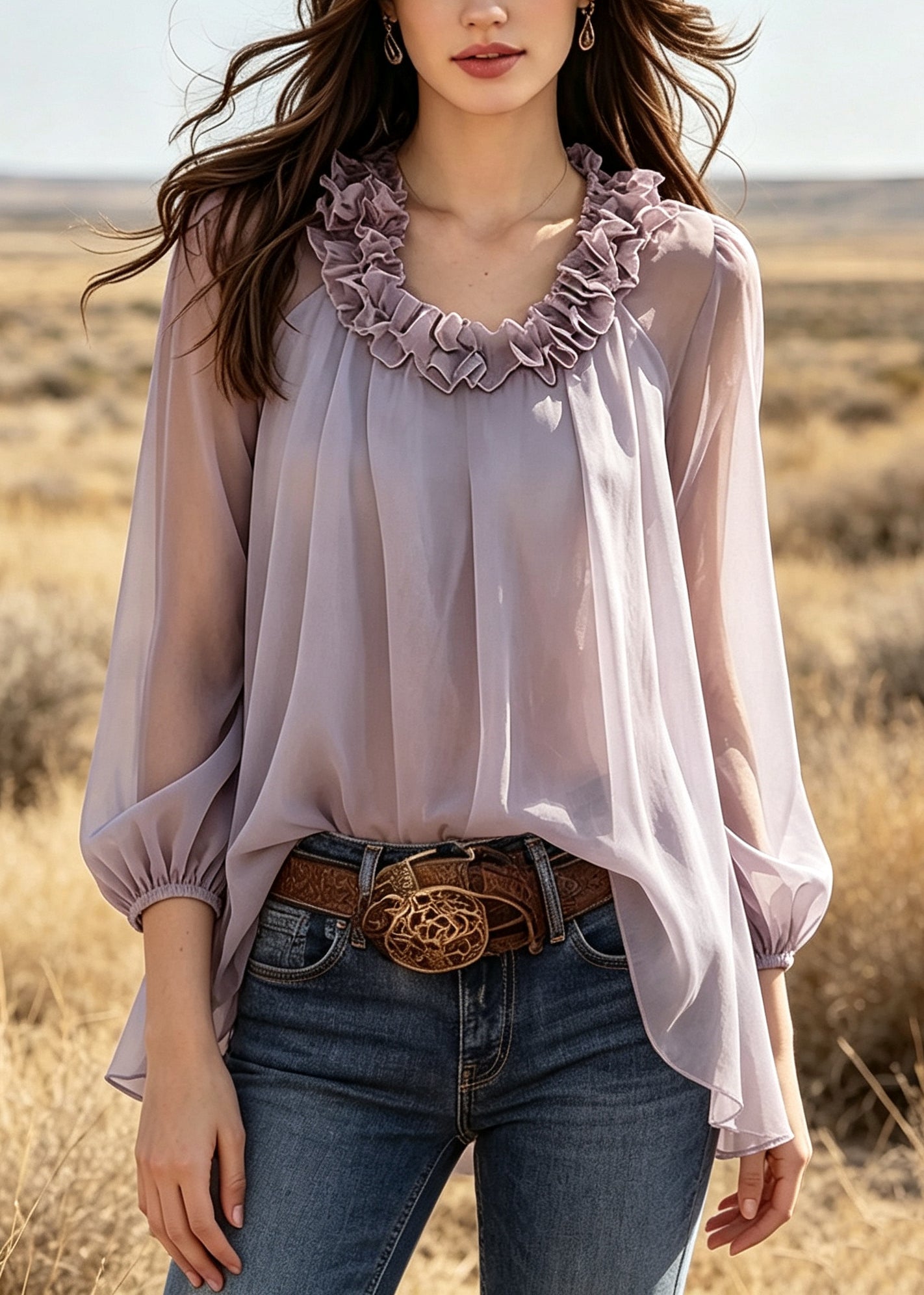 Beautiful Purple Ruffled Chiffon Shirts Summer