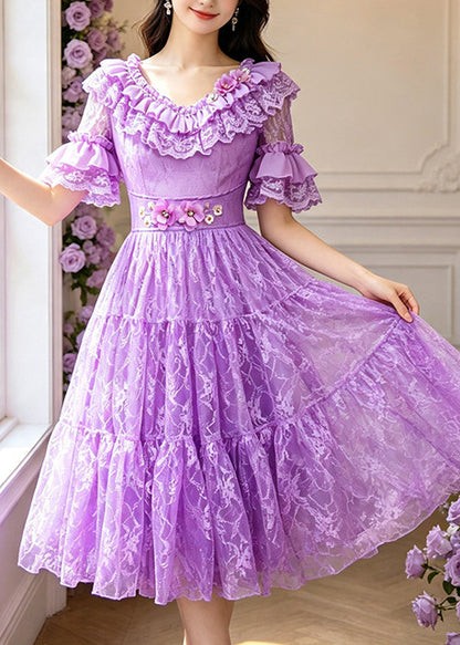 Beautiful Purple Ruffled Embroidered Lace Long Dresses Summer