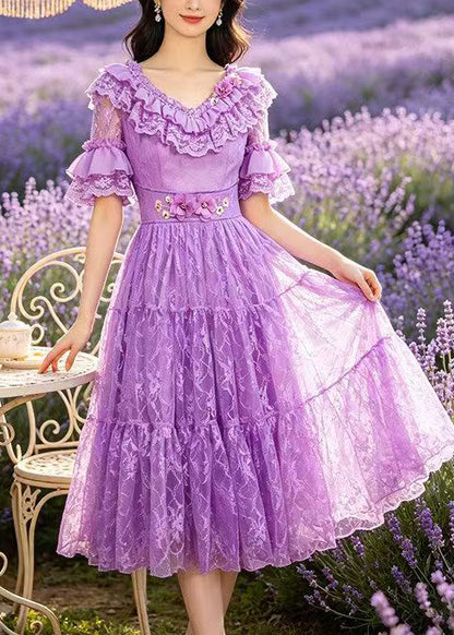 Beautiful Purple Ruffled Embroidered Lace Long Dresses Summer