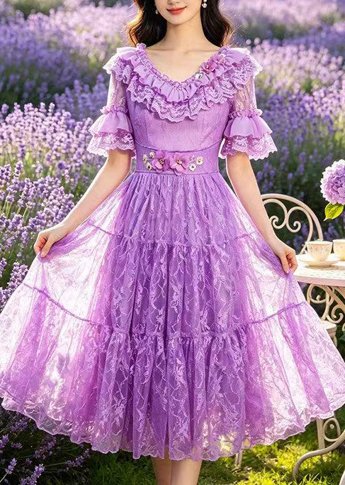 Beautiful Purple Ruffled Embroidered Lace Long Dresses Summer