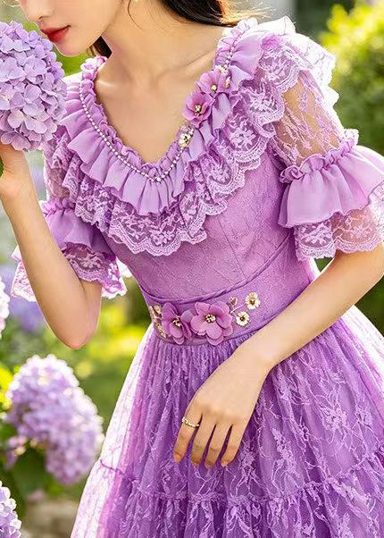 Beautiful Purple Ruffled Embroidered Lace Long Dresses Summer