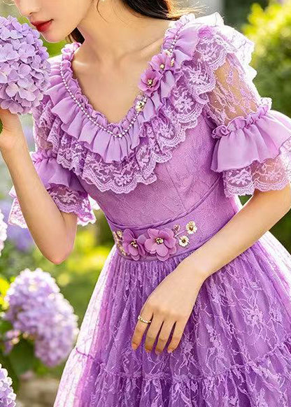 Beautiful Purple Ruffled Embroidered Lace Long Dresses Summer