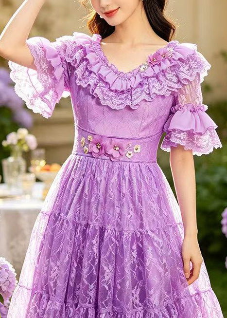 Beautiful Purple Ruffled Embroidered Lace Long Dresses Summer
