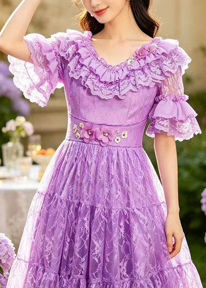 Beautiful Purple Ruffled Embroidered Lace Long Dresses Summer