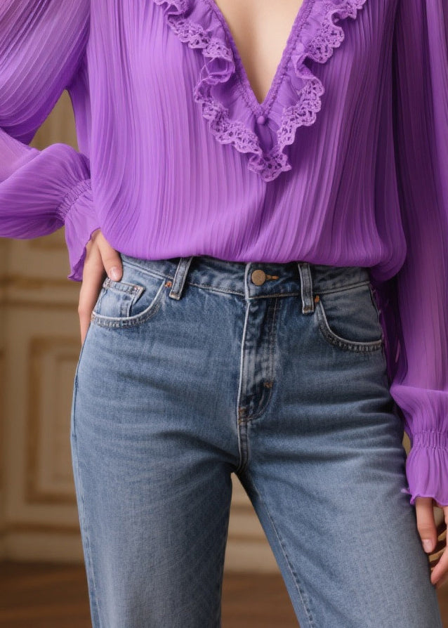Beautiful Purple Ruffled Patchwork Wrinkled Chiffon Shirt Spring
