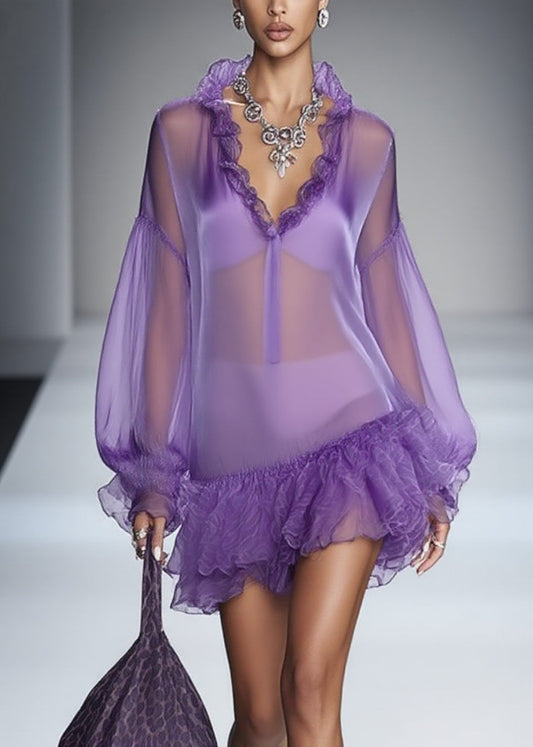 Beautiful Purple Ruffled Solid Tulle Mid Dress Spring