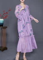 Beautiful Purple Square Collar Patchwork Ruffled Silk Dresses Summer