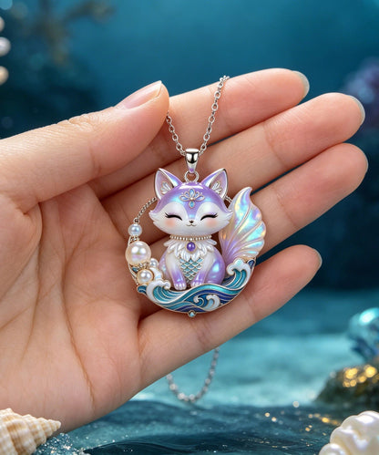 Beautiful Purple Stainless Steel Pearl Enamel Spirit Fox Pendant Necklace