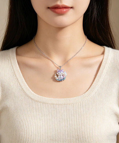 Beautiful Purple Stainless Steel Pearl Enamel Spirit Fox Pendant Necklace