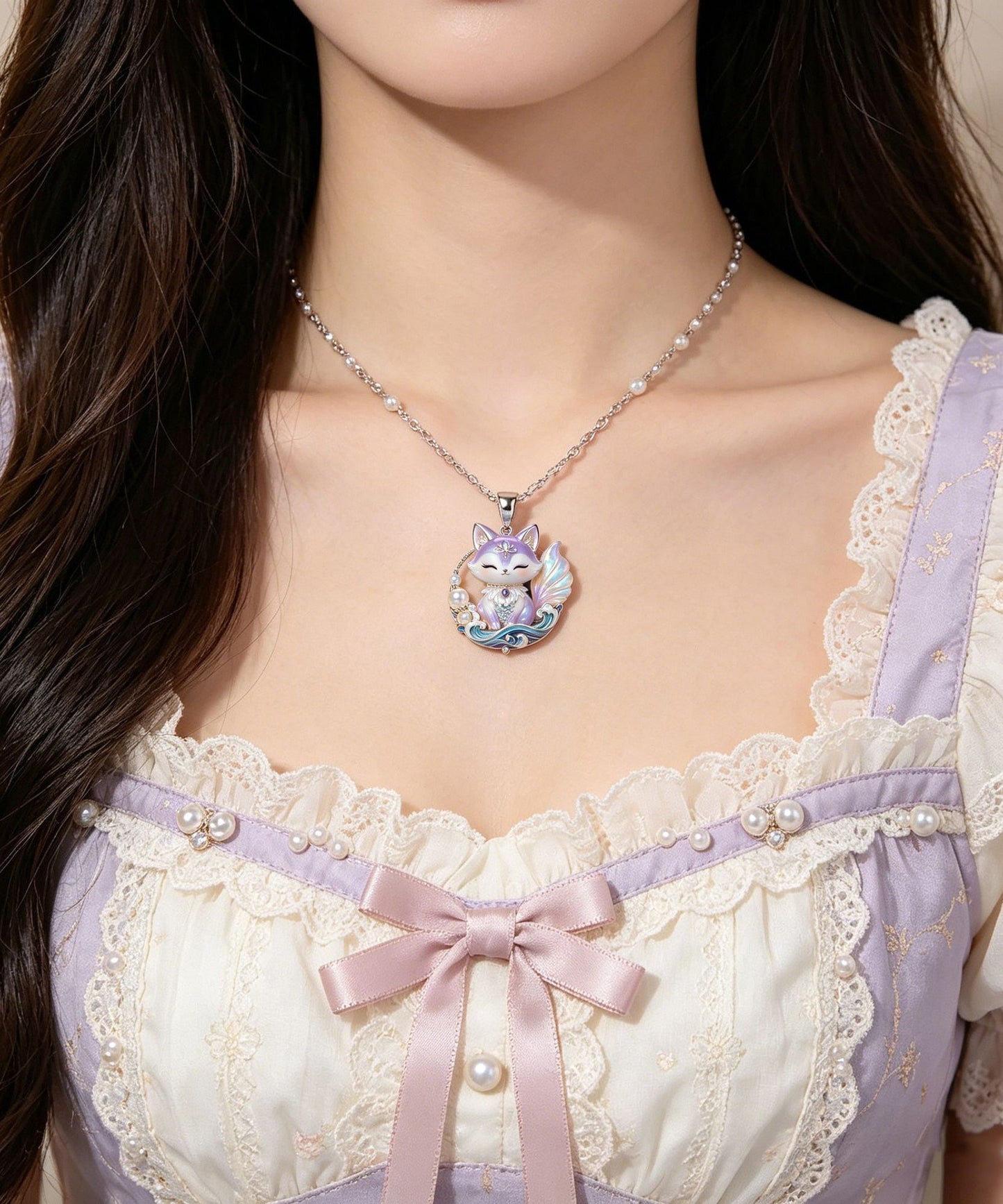 Beautiful Purple Stainless Steel Pearl Enamel Spirit Fox Pendant Necklace