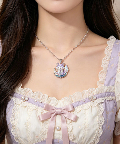 Beautiful Purple Stainless Steel Pearl Enamel Spirit Fox Pendant Necklace