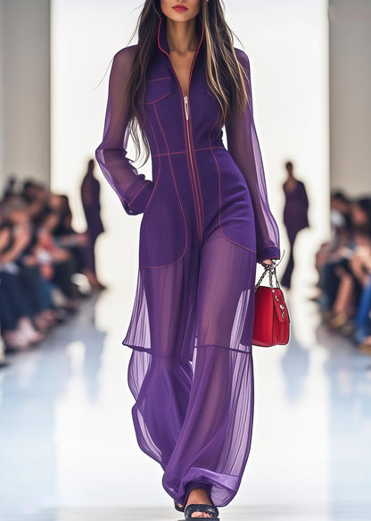 Beautiful Purple Stand Collar Patchwork Tulle Jumpsuit Summer