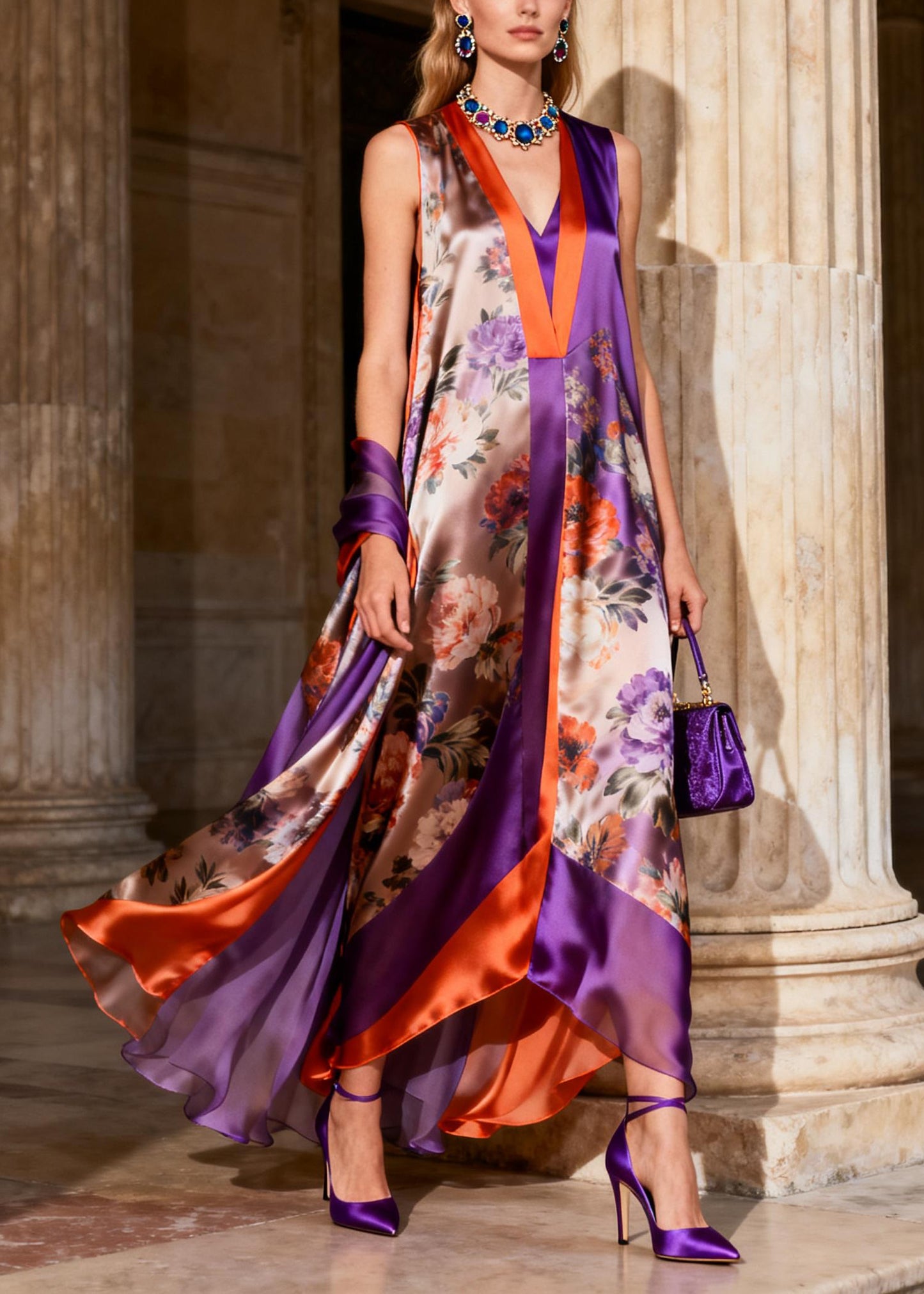 Beautiful Purple V Neck Chiffon Maxi Spaghetti Strap Dresses Summer