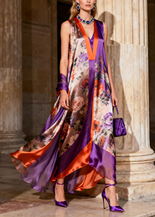 Beautiful Purple V Neck Chiffon Maxi Spaghetti Strap Dresses Summer