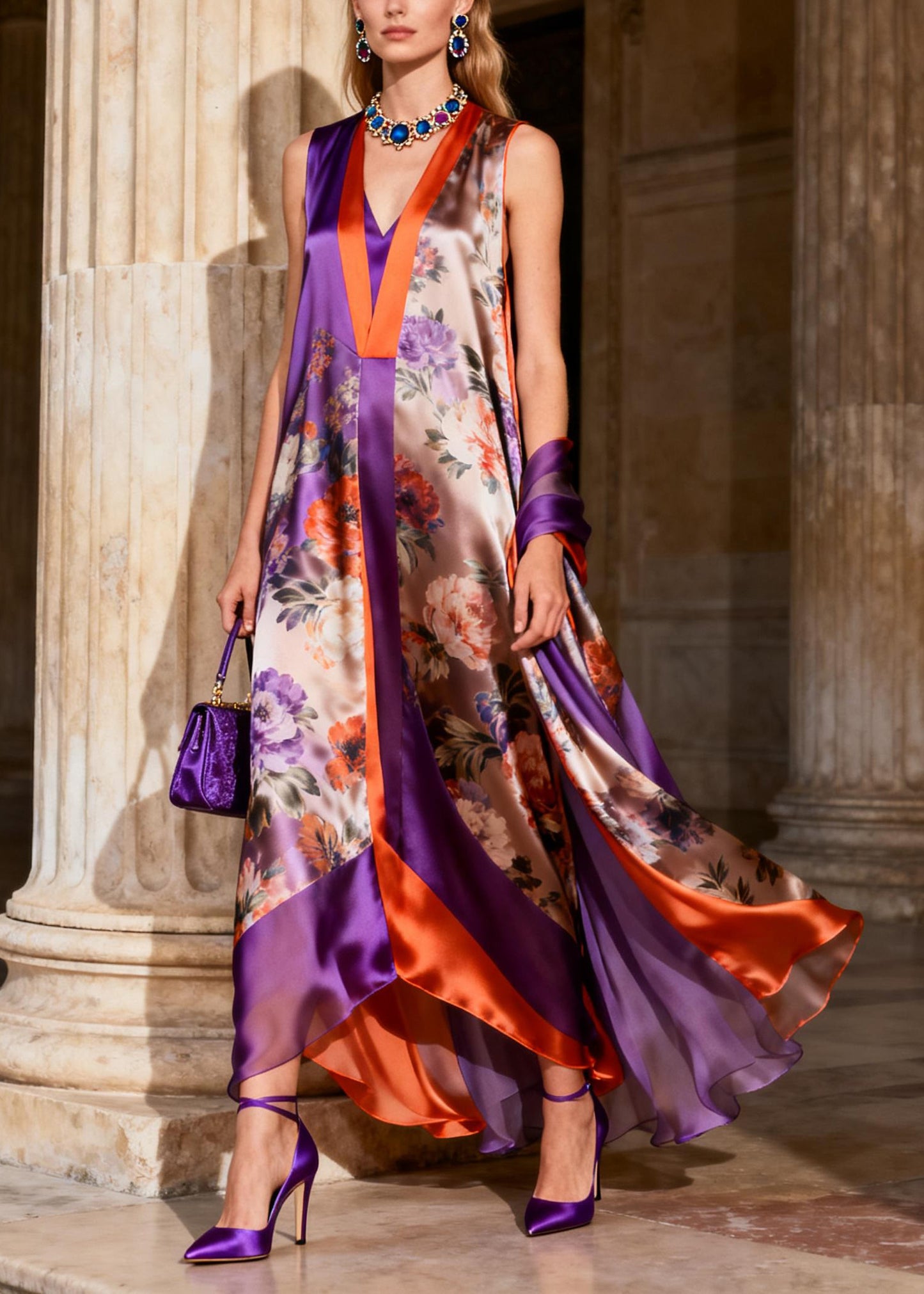 Beautiful Purple V Neck Chiffon Maxi Spaghetti Strap Dresses Summer