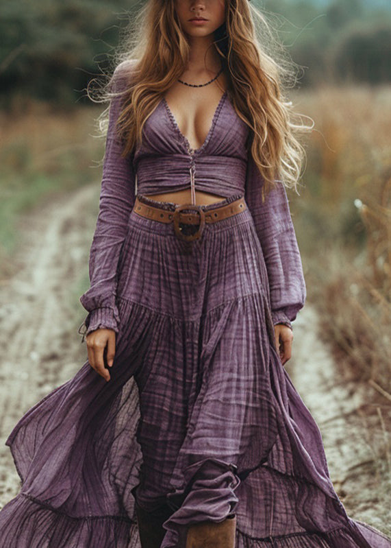 Beautiful Purple V Neck Hollow Out Wrinkled Cotton Maxi Dress Spring