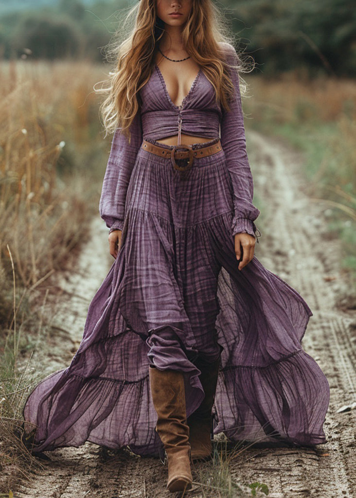 Beautiful Purple V Neck Hollow Out Wrinkled Cotton Maxi Dress Spring