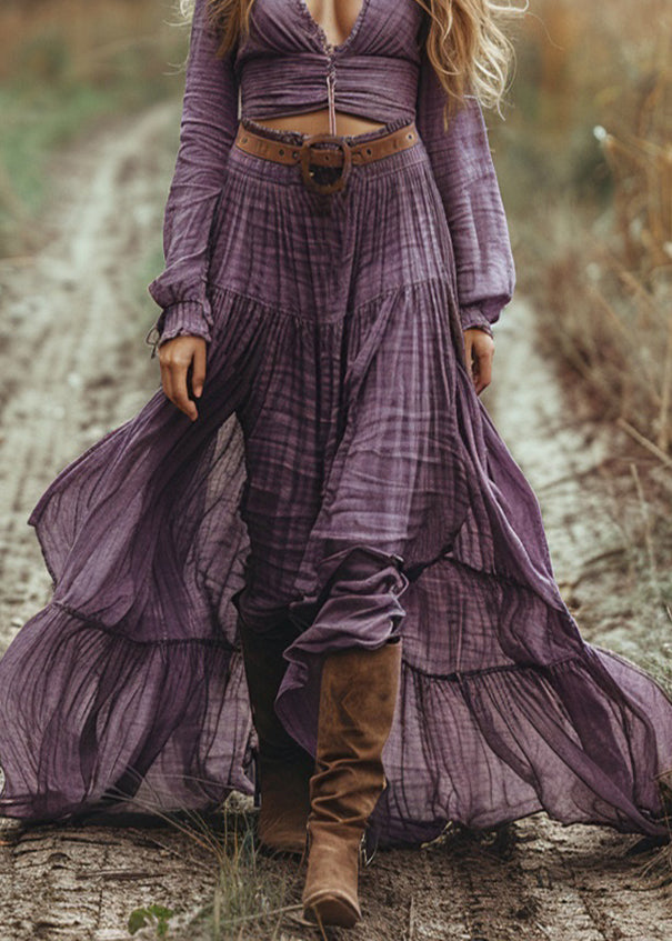 Beautiful Purple V Neck Hollow Out Wrinkled Cotton Maxi Dress Spring