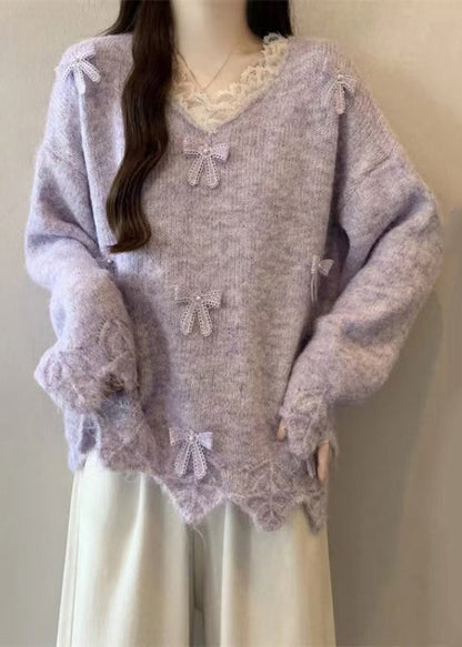 Beautiful Purple V Neck Lace Bow Knit Sweater Tops Winter