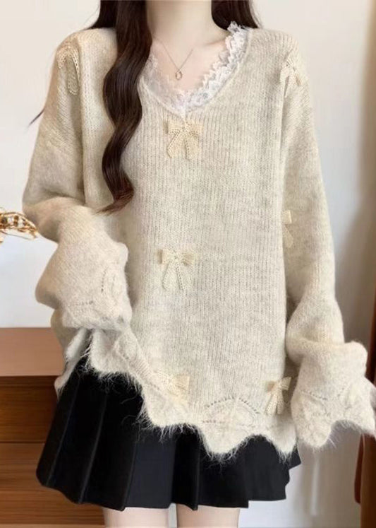 Beautiful Purple V Neck Lace Bow Knit Sweater Tops Winter