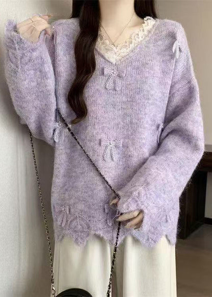 Beautiful Purple V Neck Lace Bow Knit Sweater Tops Winter