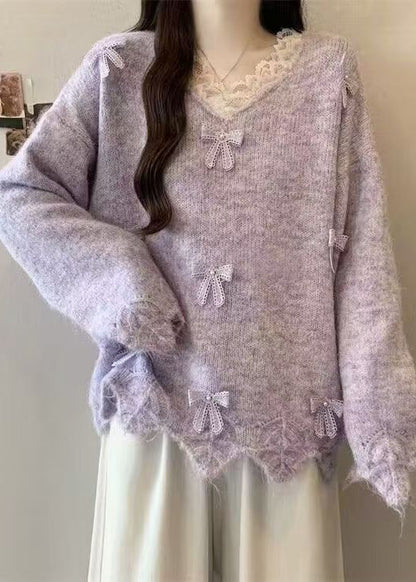 Beautiful Purple V Neck Lace Bow Knit Sweater Tops Winter
