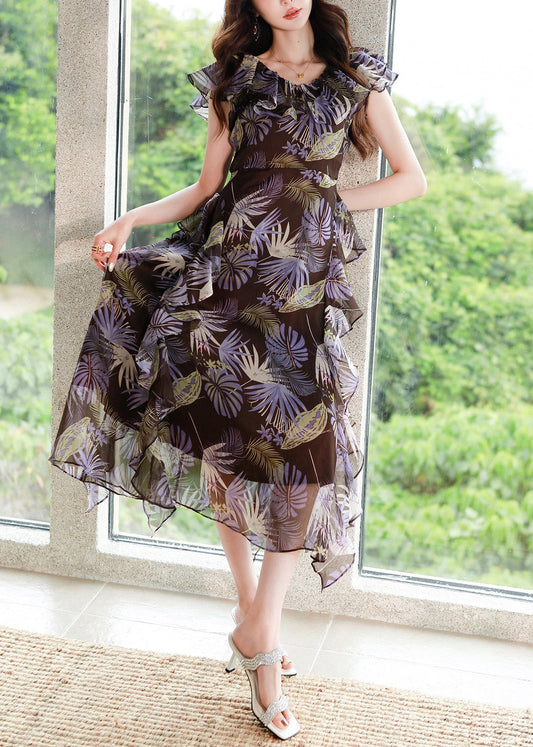 Beautiful Purple V Neck Print High Waist Chiffon Dress Summer