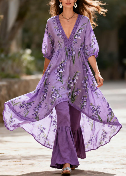 Beautiful Purple V Neck Print Patchwork Cotton Two Pieces Set Summer