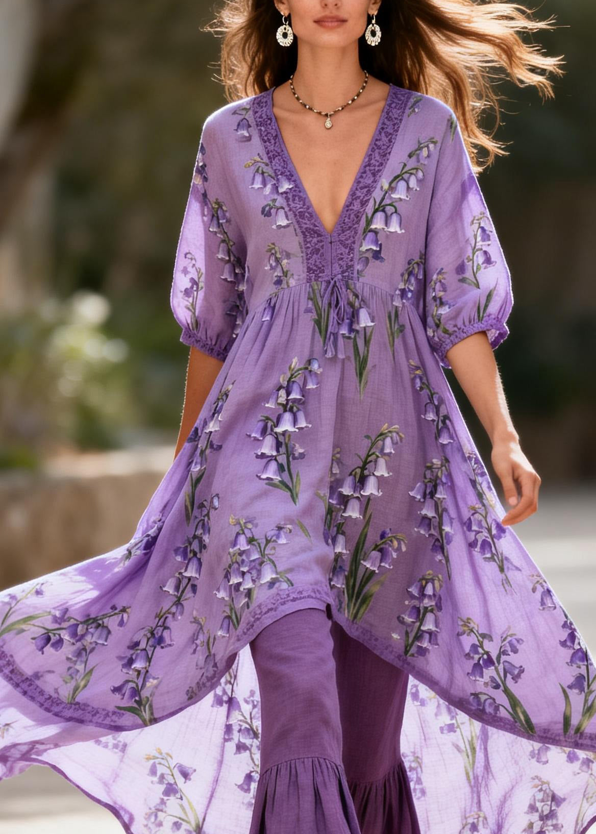 Beautiful Purple V Neck Print Patchwork Cotton Two Pieces Set Summer