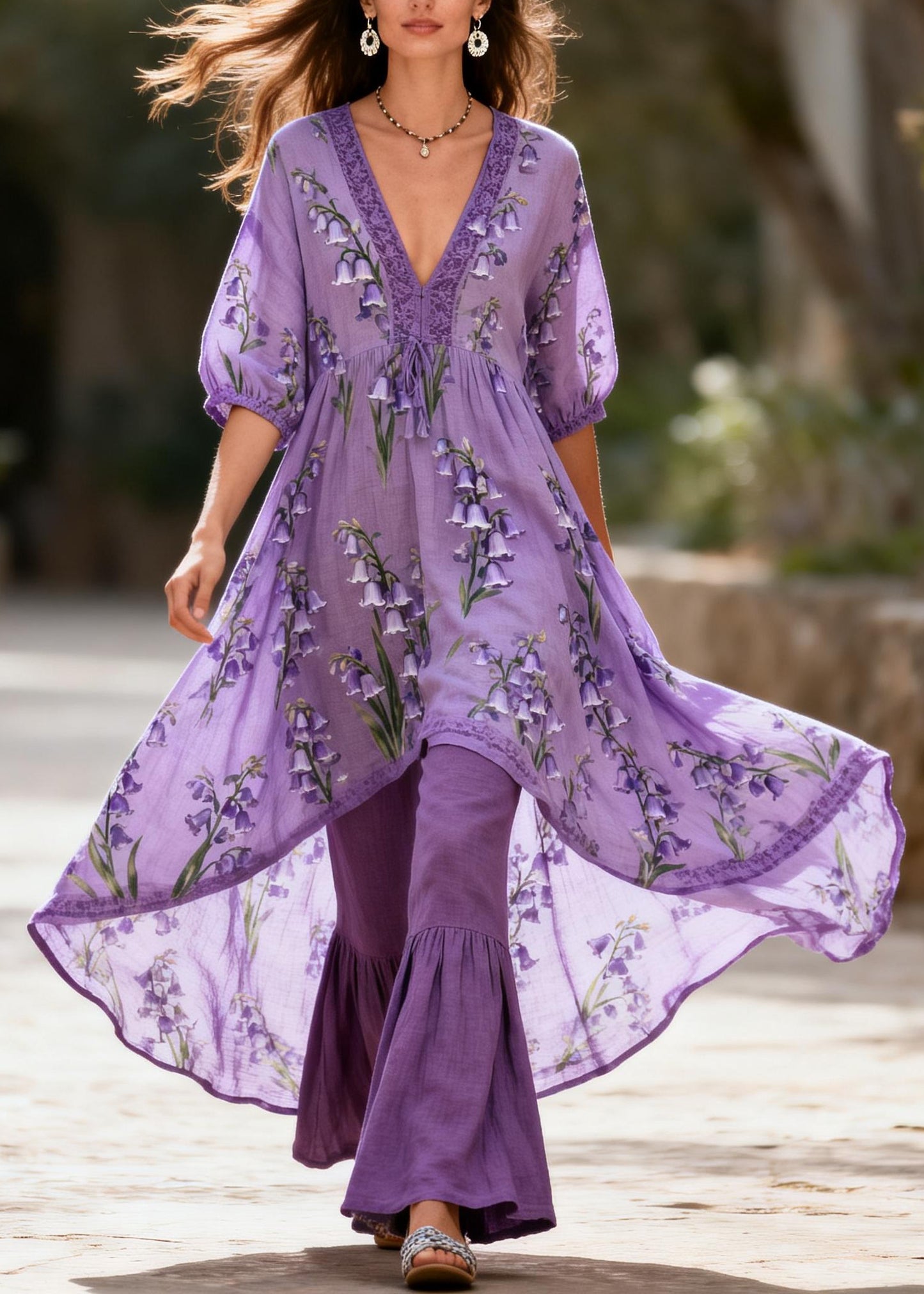 Beautiful Purple V Neck Print Patchwork Cotton Two Pieces Set Summer