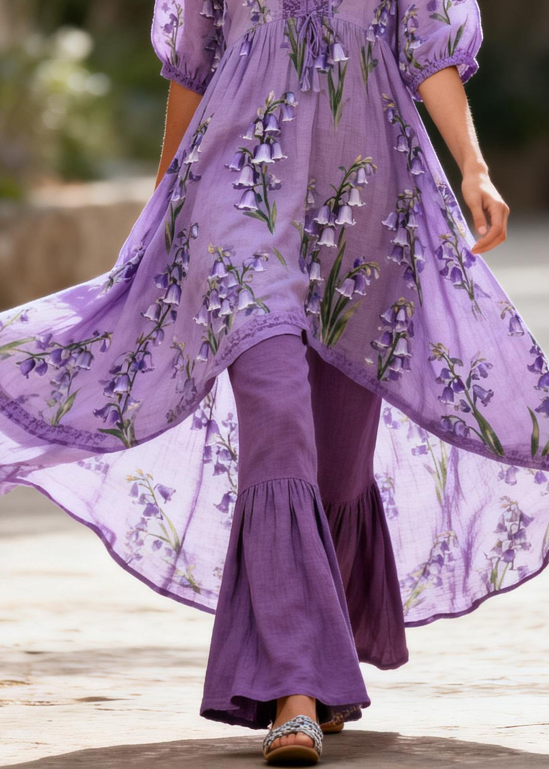 Beautiful Purple V Neck Print Patchwork Cotton Two Pieces Set Summer