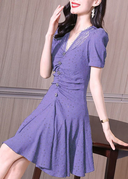 Beautiful Purple V Neck Ruffled Chiffon Dress Summer