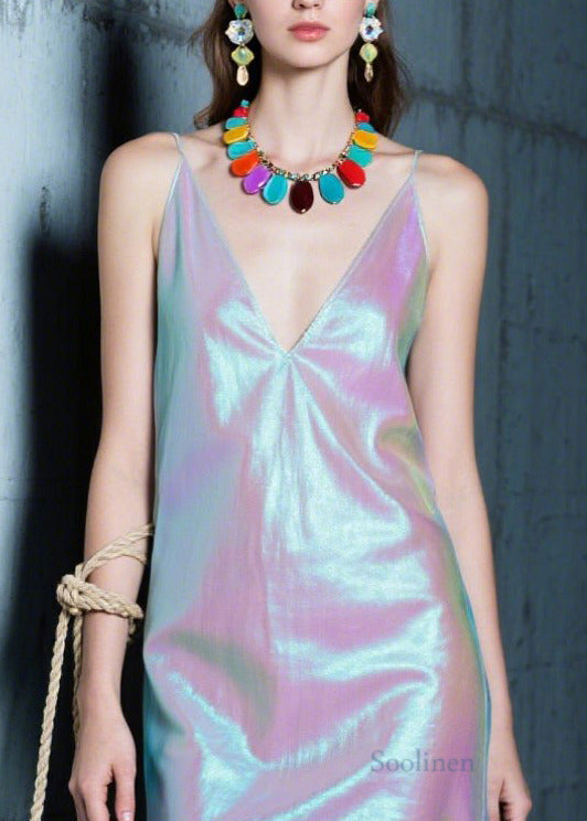 Beautiful Purple V Neck Silk Spaghetti Strap Dress Summer